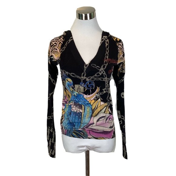 Christian Audigier Sweaters - (Hold for Crystal )Christian Audigier Black Peacock Print Rhinestone Sweater
